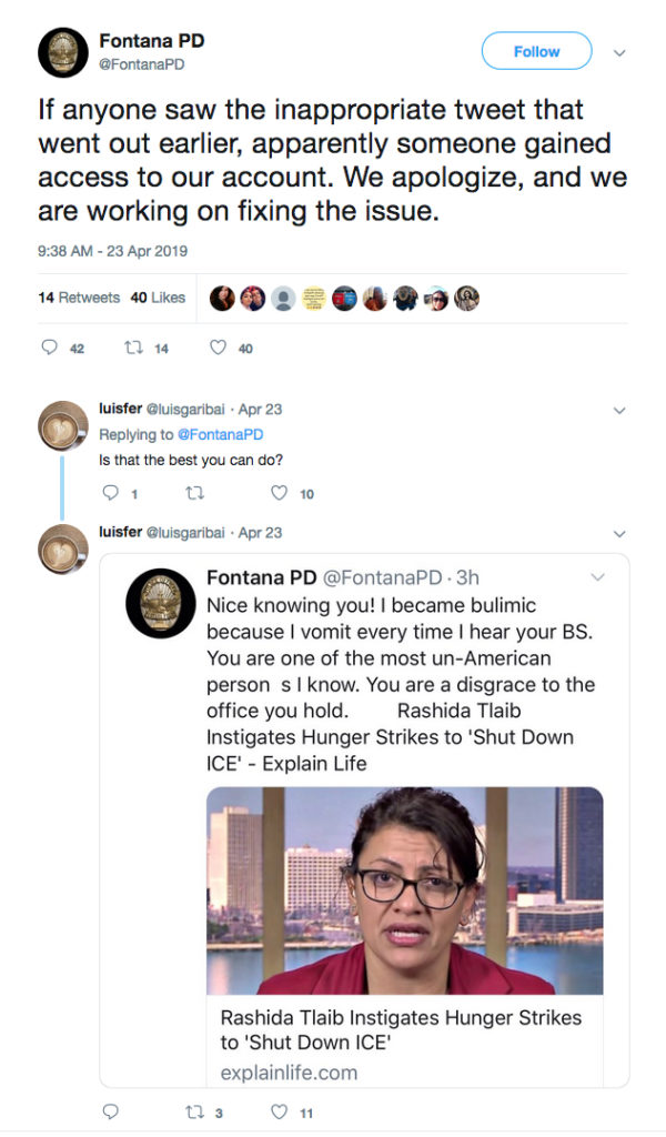 Fontana PD tweet blaming the first tweet about Rep. Tlaib on a hacker before they apologized for the first tweet.