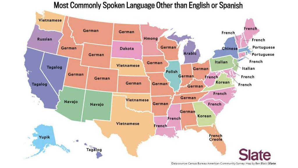 The most common language spoken at home other than English or Spanish in each state