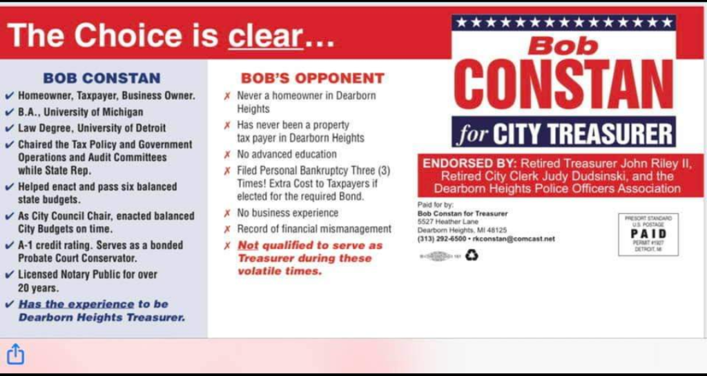 Bob Constan's campaign flyer. Photo: Screenshot from Facebook