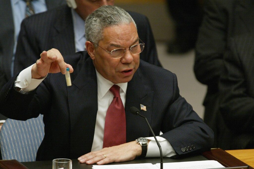 Colin Powell at the U.N. Security Council on Feb. 5, 2003. Photo: Getty Images