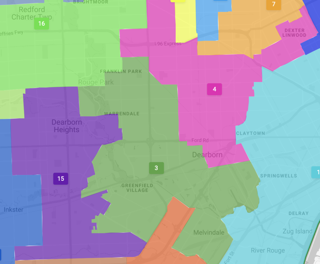 The Michigan Independent Redistricting Commission's newly drafted State House seats covering Dearborn and Dearborn Heights. Screenshot/Citygate GIS