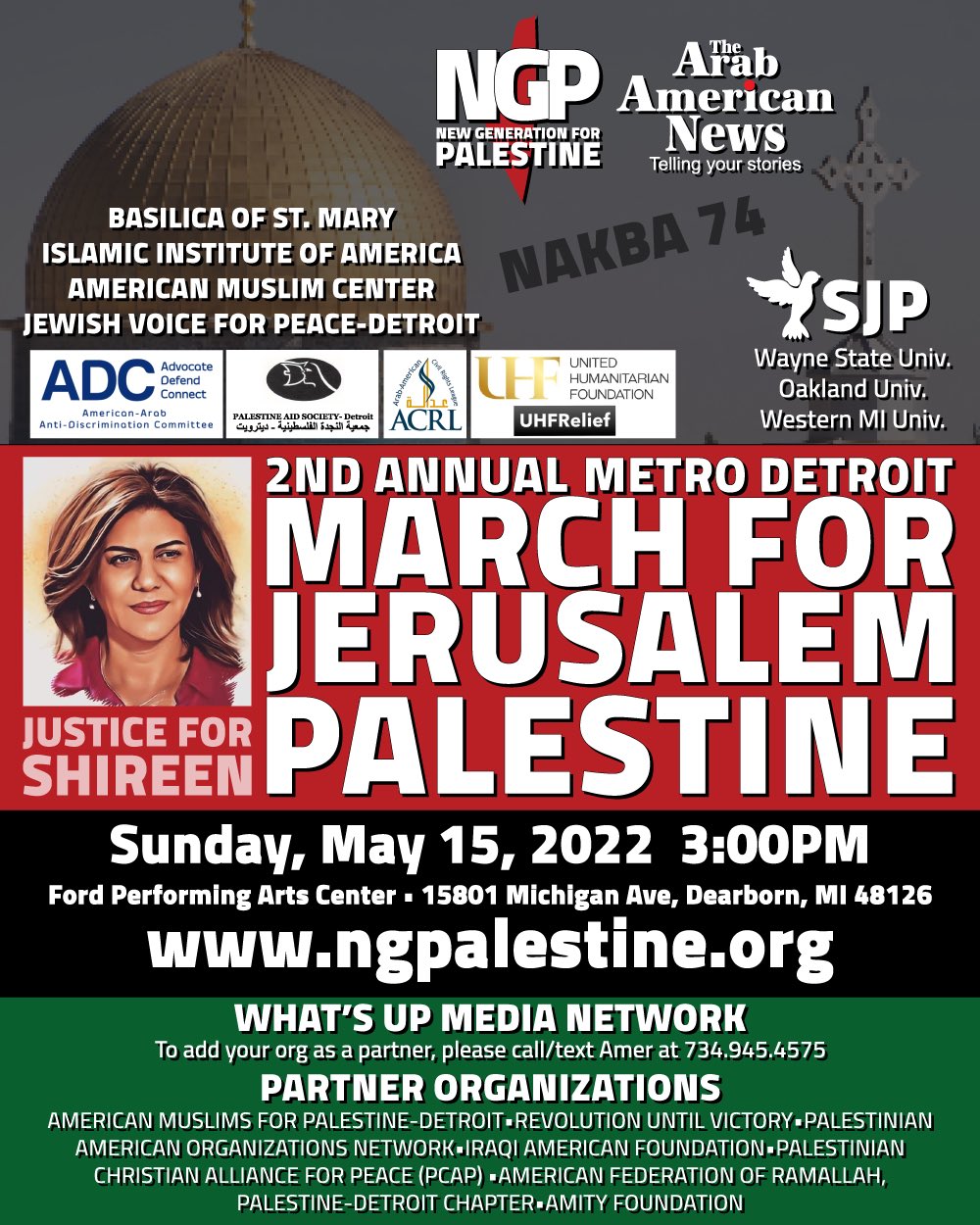 Flyer for the May 15, second annual March for Palestine rally in Metro Detroit