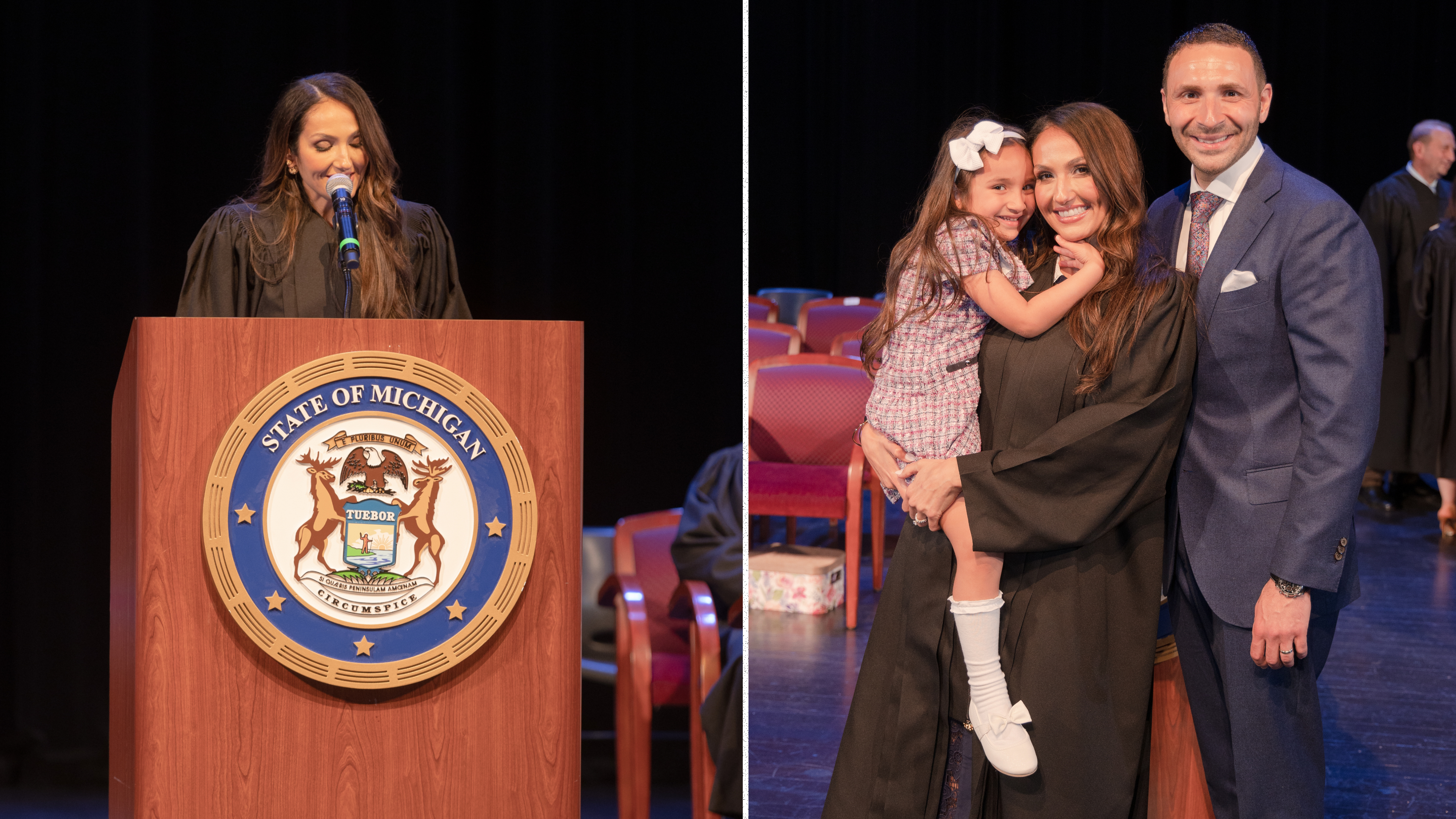 Wayne County Third Circuit Court Judge Yvonna Abraham speaks at her investiture ceremony and poses with her family at the Ford Community and Performing and Arts Center in Dearborn, May 16. Photos: Bill Chapman