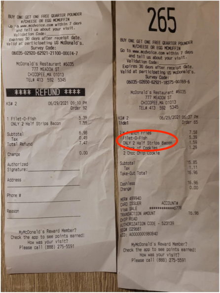 A receipt shows bacon was added on the family's order, even though the employee had been given explicit instructions by the visibly Muslim family. Employees then added more than twice the amount of bacon to the fish sandwich. Photo via CAIR-MA