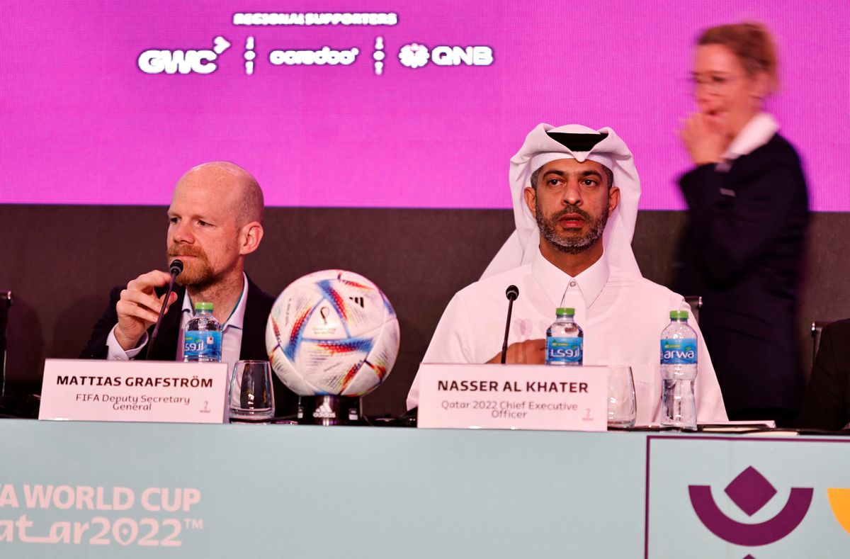 Nasser Al Khater, CEO of Qatar 2022 and Mattas Grafstrom, FIFA Deputy Secretary General during the Team Workshop for the FIFA World Cup Qatar 2022 in Doha, Qatar, July 4. Photo: Hamad I Mohammed/Reuters