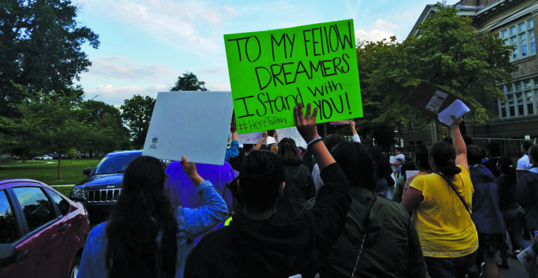 A 2017 Arab American News file photo shows a rally in Southwest Detroit against Trump’s decision to cancel the DACA program. 