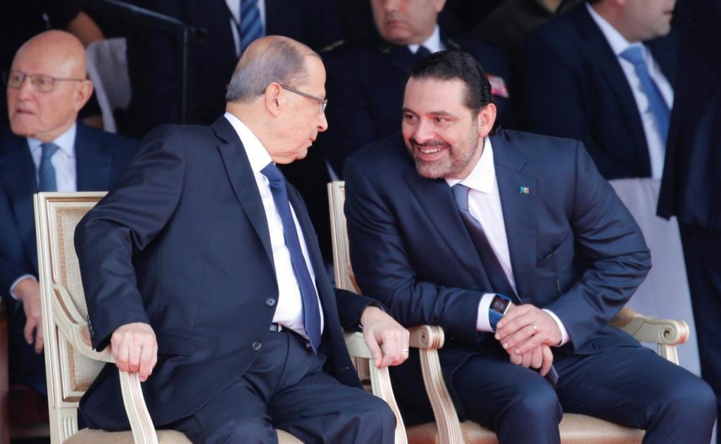 Former Lebanese Prime Minister Saad al-Hariri and Lebanese President Michel Aoun, Nov. 22, 2017. Photo: Mohamed Azakir/Reuters
