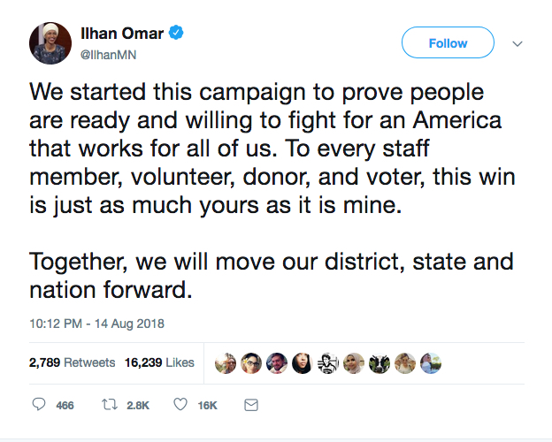 Ilhan Omar tweets her victory in the primary