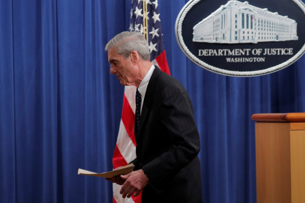 Special Counsel Robert Mueller departs after delivering a statement on his investigation into Russian interference in the 2016 U.S. presidential election at the Justice Department in Washington, U.S., May 29, 2019. REUTERS