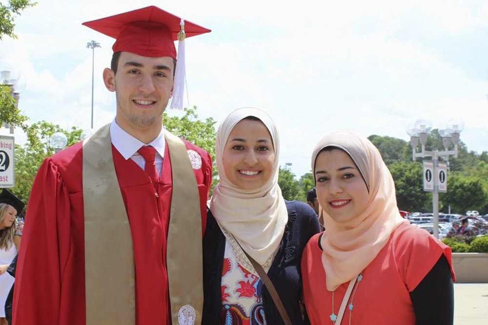(From left) Deah Barakat, Yusor Mohammad Abu-Salha and Razan Mohammad Abu-Salha lost their lives Feb. 10, 2015. (Courtesy of the Abu-Salha family) 
