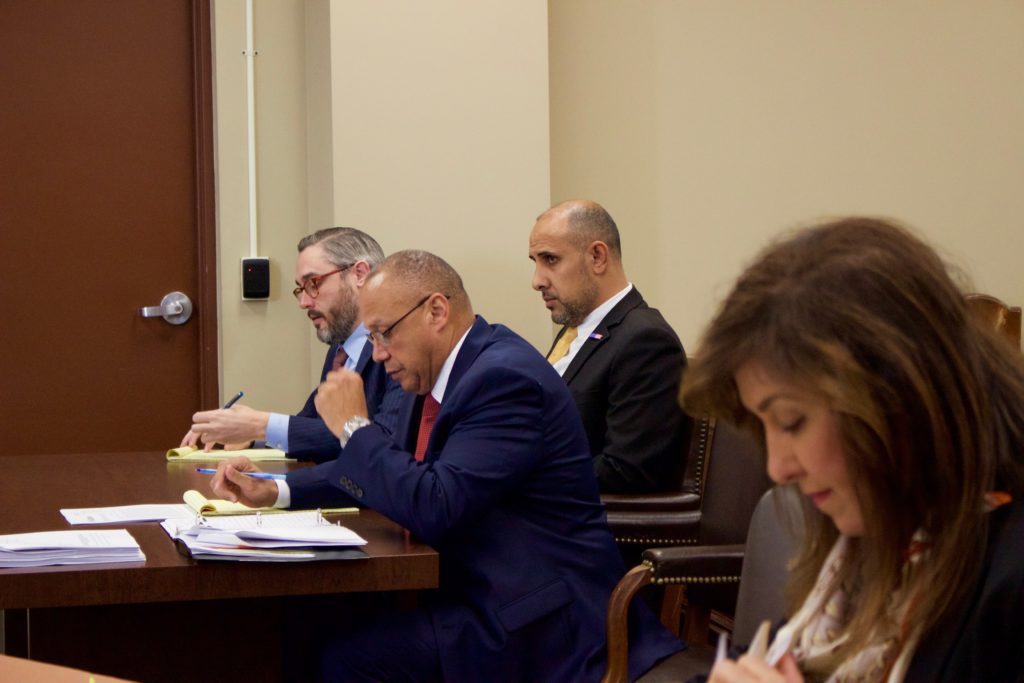 At a 2019 preliminary hearing for alleged sexual misconduct, embattled community activist Ibrahim Aljahim looks on as a Wayne County prosecutor questions the alleged victim’s aunt. Photo: Hassan Abbas/The Arab American News