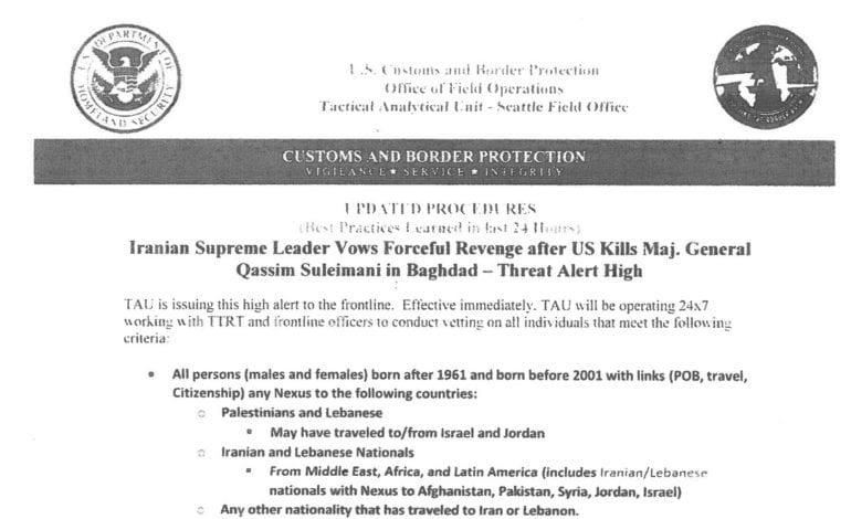 Directive tells CBP officers to detain Iranians, Lebanese and Palestinians