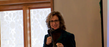 MCCFAD Director Dr. Kristine Ajrouch speaks to community members at the Islamic Institute of America in Dearborn Heights, Saturday, Feb. 15. All photos: Hassan Abbas/The Arab American News