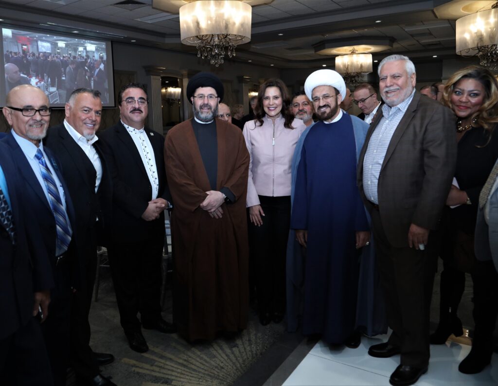Michigan Governor Whitmer poses for a photo with local faith and community leaders at at AAPAC's 25th Annual Banquet at Byblos Banquet Hall in Dearborn, Thursday, Oct. 27. Photo: Abbas Shehab