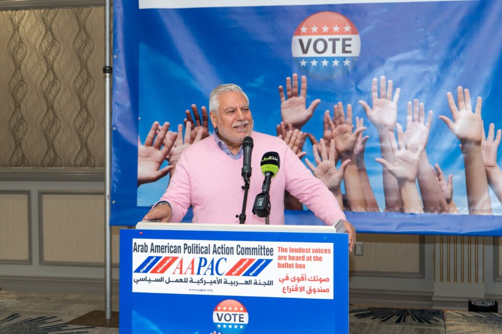 Osama Siblani speaking at the AAPAC Pre-Election Reception. Photo by Imad Mohamad/The Arab American News