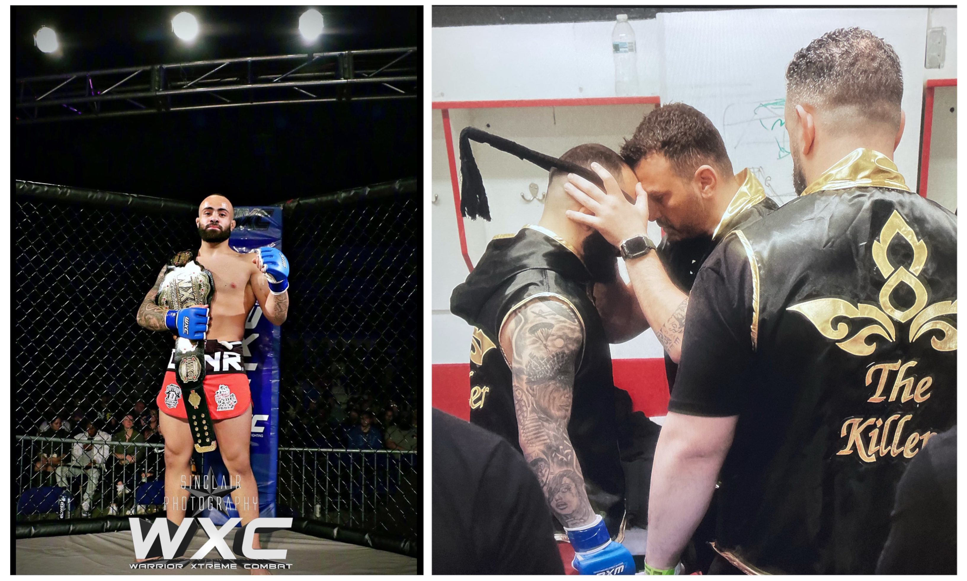 Split photos of Abe Alsaghir in the ring and back stage receiving a pep talk from his coach