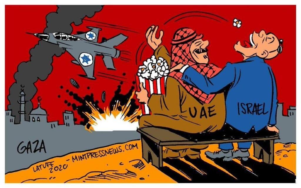 A satirical image shows UAE and Israel representatives enjoying popcorn while an Israeli plane bombs Gaza