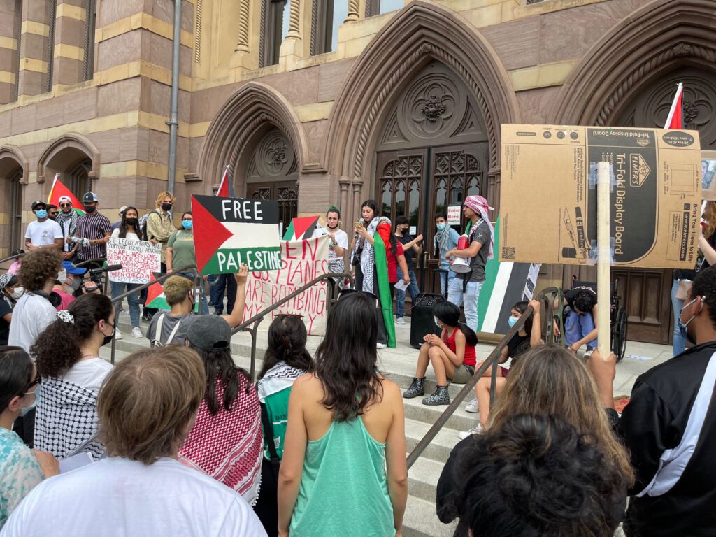 Salma Shaheen, a Yalies 4 Palestine member from Hebron, Palestine, speaks at a rally for Palestine and Columbia in New Haven, CT. Photo courtesy: Ruqaiyah Damrah