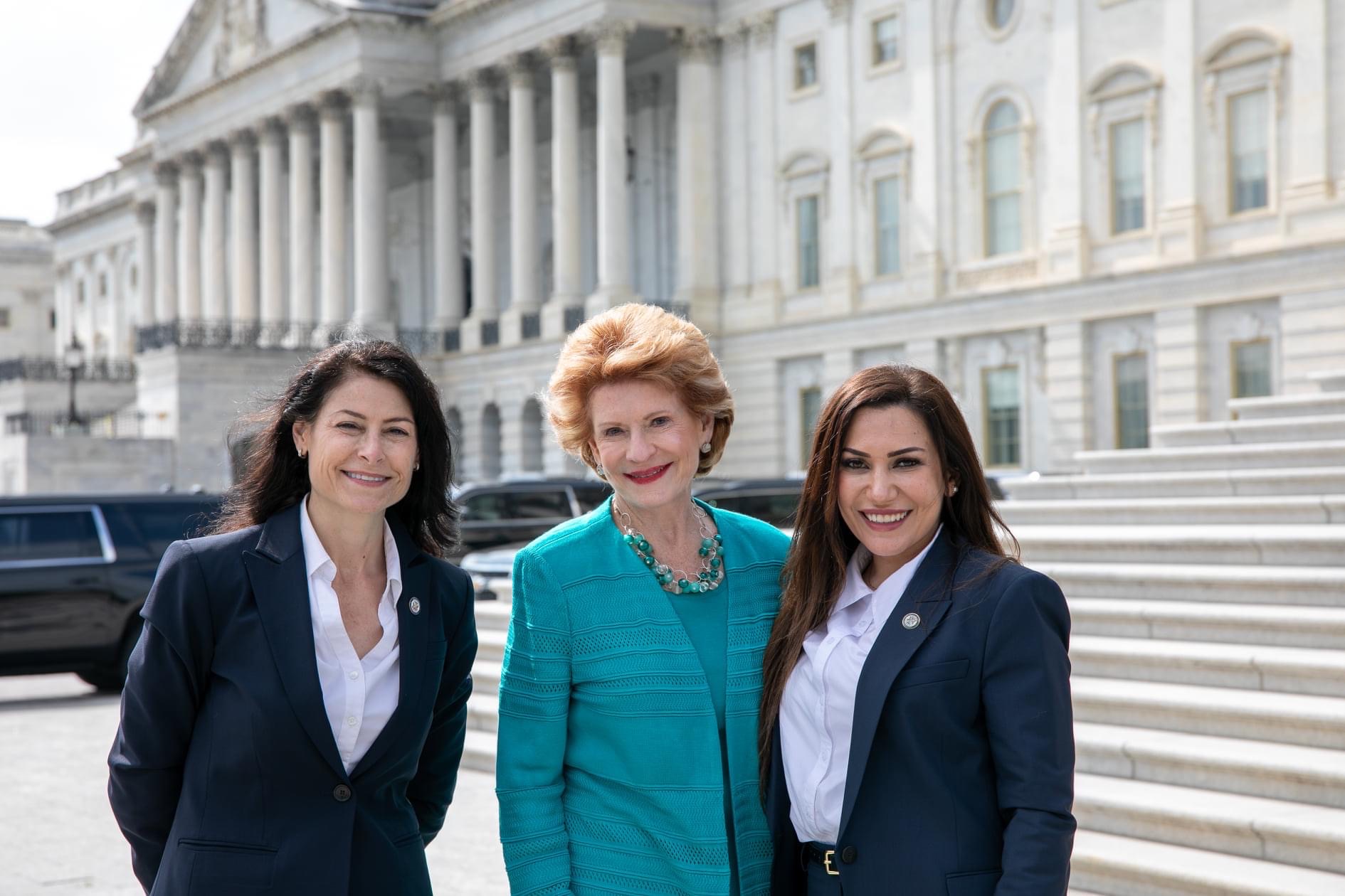 Michigan Solicitor General Fadwa Hammoud stands with Michigan Attorney General Dana Nessel, and U.S. Senators Debbie Stabenow (D-MI) at the steps of the U.S. Supreme Court in Washington, D.C., Oct 5. Photo: Debbie Stabenow's office.