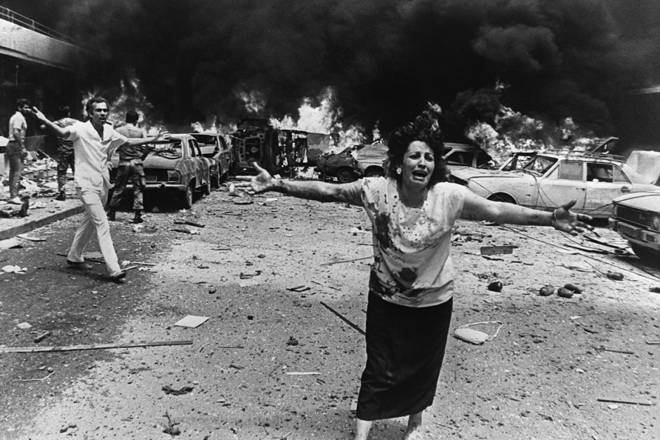 A photo from the April 1975 Bus massacre in Lebanon, an incident marking the start of the 15-year Lebanese Civil War. 