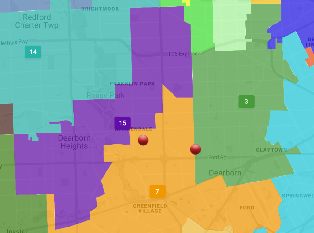 A draft map shows the Arab American community in the Dearborn/Dearborn Heights area split up in three different State House seats. Photo: Screenshot/City Gate GIS