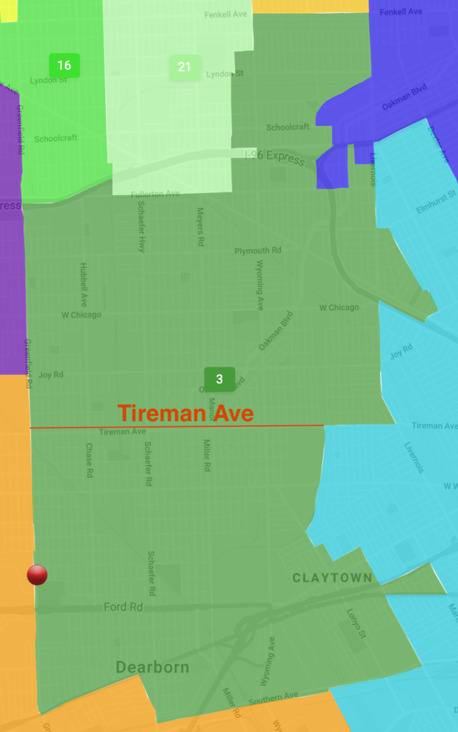 Proposed State House District 3 splits up Dearborn and includes it with non-Arab neighborhoods north of Tireman Avenue. Photo: Screenshot/City Gate GIS