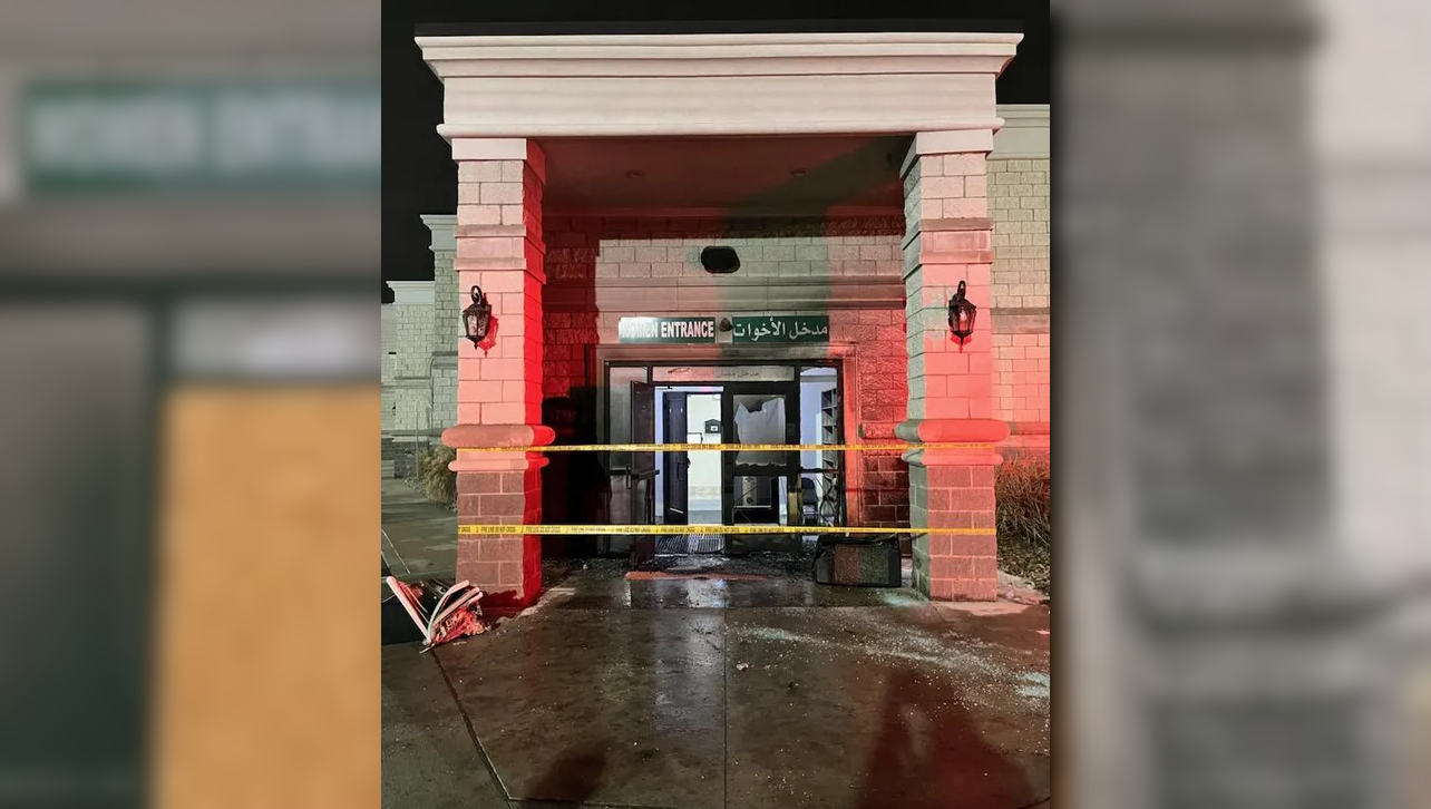 A damaged entrance at the Al-Huda Islamic Association mosque in Dearborn, which was the scene of an arson last Saturday morning. Photo: City of Dearborn