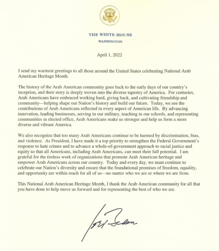 A letter from President Biden celebrating National Arab American Heritage Month, 2022