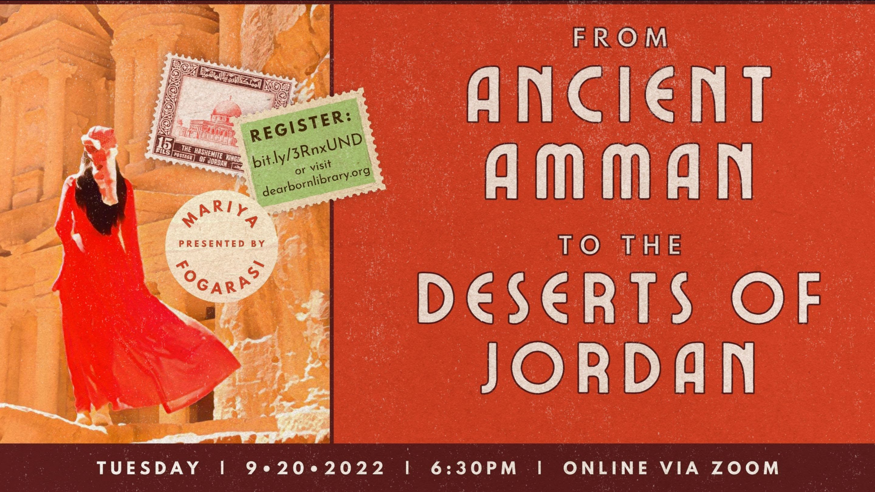 Flyer for "Travel Virtually from Ancient Amman to the Deserts of Jordan with Mariya Fogarasi's Zoom Program" event at Dearborn Public Library, Tuesday, Sept. 20 at 6:30 p.m.